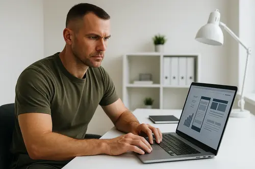 Ondernemer in legergroen shirt met een laptop in zijn handen, die een website review geeft aan een klant